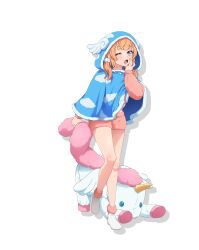 1girl ;o blonde_hair blue_eyes blush full_body highres long_hair motosu_towa official_art one_eye_closed open_mouth orange_hair pink_shorts pink_skirt shorts skirt sleepy slippers solo standing stuffed_animal stuffed_toy transparent_background world_dai_star yawning