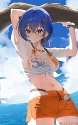 Rule 34 | 1girl, absurdres, alphaart, arms up, belle (summer skies) (zenless zone zero), belle (zenless zone zero), bikini, bikini top only, blue hair, blue sky, bracelet, breasts, closed mouth, commentary, cowboy shot, day, earrings, english commentary, green eyes, hair between eyes, hair ornament, highres, jewelry, letter hair ornament, light blush, looking at viewer, medium breasts, navel, necklace, no headwear, ocean, official alternate costume, orange bikini, orange shorts, outdoors, paid reward available, shirt, short hair, shorts, sky, smile, solo, stomach, swimsuit, thighs, tied shirt, twitter username, white shirt, zenless zone zero