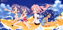 Rule 34 | 2000s (style), 4girls, ;3, absurdres, barefoot, bikini, blue hair, copyright name, glasses, highres, hiiragi kagami, hiiragi tsukasa, izumi konata, lucky star, magazine scan, megami magazine, multiple girls, nishiya futoshi, ocean, official art, one eye closed, pale skin, pink hair, purple hair, riding, riding shark, scan, swimsuit, takara miyuki