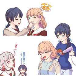 3girls :d :o ^_^ aqua_neckerchief black_choker blue_eyes blue_hair blue_ribbon blue_shirt blue_sweater blush bob_cut breasts brown_cardigan brown_dress brown_jacket cardigan choker closed_eyes closed_mouth collarbone colored_inner_hair commentary crossed_bangs diagonal_bangs dress drying drying_another&#039;s_hair drying_hair food green_eyes grey_hair hair_ornament hair_ribbon hanton_rice hasu_no_sora_school_uniform highres hinoshita_kaho hinoshita_kaho_(summer_loungewear) holding_another&#039;s_hair hood hooded_jacket inverted_bob jacket jealous link!_like!_love_live! long_hair long_sleeves looking_at_another love_live! low_twintails medium_breasts medium_hair mole mole_on_neck multicolored_hair multiple_girls multiple_views murano_sayaka murano_sayaka_(summer_loungewear) neckerchief o-ring o-ring_choker omelet omurice one_eye_closed open_cardigan open_clothes open_jacket open_mouth orange_hair pink_eyes print_sweater rabbit_hair_ornament red_hair red_neckerchief ribbon saboten_(sabo10_c) sailor_collar sailor_dress school_uniform shirt short_hair smile split_mouth star_(symbol) star_hair_ornament streaked_hair sweater t-shirt tomato_print twintails two_side_up virtual_youtuber white_sailor_collar winter_uniform wiping_face yugiri_tsuzuri