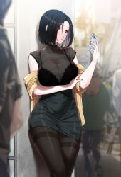1girl against_wall akchu black_bra black_hair black_nails black_pantyhose black_shirt black_skirt bra bra_visible_through_clothes breasts cellphone cleavage closed_mouth collarbone feet_out_of_frame fingernails grey_hair high-waist_skirt highres hina_(akchu) holding holding_phone jacket lace lace-trimmed_bra lace_trim large_breasts long_sleeves looking_at_phone multicolored_hair nail_polish open_clothes open_jacket original pantyhose people phone red_eyes see-through_clothes shirt short_hair short_sleeves skirt smartphone solo_focus speech_bubble standing textless_version thighband_pantyhose thought_bubble two-tone_hair underwear yellow_jacket