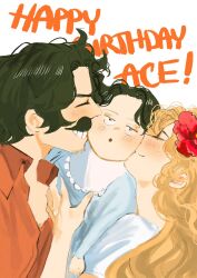 Rule 34 | 1girl, 2boys, ^ ^, aged down, alternate universe, baby, black hair, blonde hair, character name, closed eyes, commentary, facial hair, family, flower, freckles, gol d. roger, hair flower, hair ornament, happy birthday, hibiscus, highres, kiss, long hair, multiple boys, mustache, oh no nori, one piece, portgas d. ace, portgas d. rouge, short hair