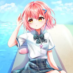 Rule 34 | 1girl, :o, beach, blue skirt, blue sky, blush, bow, breasts, cloud, collared shirt, day, dress shirt, hair between eyes, hair ornament, hairclip, highres, horizon, looking at viewer, misanoirast, ocean, ootori kokona, outdoors, parted lips, pink hair, pleated skirt, shirt, short hair, short sleeves, sitting, skirt, sky, solo, water, white shirt, world dai star