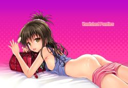 1girl 40010prototype :p absurdres ass backpack bag beads bed_sheet black_hair clothes_pull crop_top cum cum_on_ass cum_on_body cum_on_lower_body flat_chest food hair_between_eyes hair_ornament highres holding ice_cream long_hair looking_at_viewer looking_back lying messy naughty_face nipple_slip nipples no_bra no_panties on_stomach one_side_up ponytail profile randoseru scan school_bag sexually_suggestive short_shorts shorts shorts_pull solo suggestive_fluid tank_top to_love-ru to_love-ru_darkness tongue tongue_out white_background yellow_eyes yuuki_mikan