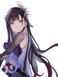 1girl black_hair commentary dress earpiece earrings from_side hair_ornament highres honkai:_star_rail honkai_(series) hysilens_(honkai:_star_rail) jewelry looking_at_viewer looking_to_the_side multicolored_dress purple_eyes saint_laurent_paris simple_background solo symbol-only_commentary white_background