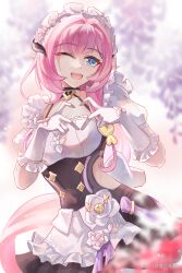 1girl ;o absurdres apron black_choker black_dress blue_eyes blurry blurry_background breasts chinese_commentary choker clothing_cutout commentary_request dress elf elysia_(honkai_impact) elysia_(miss_pink)_(honkai_impact) elysia_(miss_pink_elf)_(honkai_impact) fake_horns fingerless_gloves four-finger_heart_hands gloves heart heart_hands henjiwumei highres honkai_(series) honkai_impact_3rd horns large_breasts long_hair maid maid_apron maid_headdress miyoushe_watermark official_alternate_costume one_eye_closed open_mouth pink_hair pointy_ears puffy_short_sleeves puffy_sleeves short_sleeves side_cutout solo very_long_hair watermark white_apron white_gloves