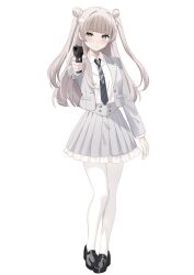 1girl aiming aiming_at_viewer black_necktie black_shoes blush brown_eyes brown_hair closed_mouth commentary diagonal-striped_clothes diagonal-striped_necktie frilled_skirt frills full_body grey_jacket grey_skirt gun handgun highres holding holding_gun holding_weapon jacket long_hair necktie open_clothes open_jacket pantyhose pleated_skirt sakura_no_sekai shirt shoes simple_background skirt solo standing striped_clothes symbol-only_commentary tsuruse two_side_up utsumi_sakura very_long_hair weapon white_background white_pantyhose white_shirt