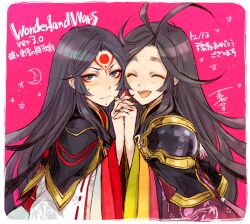 Rule 34 | 2girls, :d, ^ ^, black hair, border, closed eyes, commentary request, copyright name, embarrassed, facial tattoo, hagiya kaoru, holding hands, interlocked fingers, kaguya (wonderland wars), light blush, long hair, looking at viewer, multiple girls, open mouth, pink background, smile, sweatdrop, tattoo, tsukuyomi (wonderland wars), white border, wonderland wars