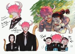 4boys aged_down black_hair blueno cigar cigarette earrings eyewear_on_head formal_clothes hair_over_eyes highres horns jabra_(one_piece) jaguar_boy jewelry long_hair male_focus multiple_boys nito_nana one_piece pink_hair ponytail rob_lucci scar scar_across_eye scar_on_face smile suit tail translation_request who&#039;s_who_(one_piece)