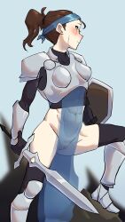 1girl abs armor black_gloves black_thighhighs blue_hairband blue_sky brown_hair closed_mouth commentary gloves groin hairband highres holding holding_shield holding_sword holding_weapon knee_up muscular muscular_female no_panties original outdoors pelvic_curtain ponytail pussy scar scar_on_face scrapy_(greenyscrapy) see-through_clothes shield sky solo standing sword thighhighs toned toned_female uncensored weapon