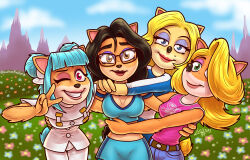4girls black_hair blonde_hair blue_eyes blue_hair blue_shorts blue_sky blue_sports_bra breasts brown_eyes cleavage crash_bandicoot_(series) denim furry furry_female glasses grass green_eyes highres isabella_bandicoot jeans liz_bandicoot looking_at_viewer luchosfactory medium_breasts medium_hair megumi_(crash_bandicoot) multiple_girls one_eye_closed outdoors pants pink_eyes pink_shirt shirt shorts sky sports_bra tawna_bandicoot v white_pants white_shirt