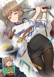 1boy 1girl :3 ^_^ baseball_bat black_pantyhose black_skirt blazer blush braid braided_ponytail brown_hair closed_eyes commentary_request dreaming drooling feet_out_of_frame flying_paper green_jacket hair_ornament hair_scrunchie highres holding holding_baseball_bat idolmaster idolmaster_cinderella_girls jacket kamille_(vcx68) lanyard miniskirt mouth_drool necktie nose_bubble office_lady pantyhose paper pencil_skirt redrawn scrunchie senkawa_chihiro shirt shirt_tucked_in sidelocks skirt sleeping smile swinging_baseball_bat upper_body watch white_shirt wristwatch yellow_necktie zzz