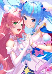 Rule 34 | 2girls, ascot, blue bow, blue cape, blue dress, blue eyes, blue hair, bow, braid, brooch, cape, center frills, commentary, crown braid, cure prism, cure sky, cut bangs, dress, dress bow, earrings, elbow gloves, feathers, fingerless gloves, frills, glove bow, gloves, gradient hair, green eyes, grin, hair bow, hair ornament, highres, hirogaru sky! precure, holding hands, interlocked fingers, jewelry, long hair, looking at viewer, magical girl, multicolored hair, multiple girls, nijigaoka mashiro, open mouth, pink bow, pink hair, precure, red cape, side braids, single sidelock, sleeveless, sleeveless dress, smile, sora harewataru, sparkle, standing, streaked hair, twintails, two-sided cape, two-sided fabric, two-tone dress, two-tone hair, usamaru67pi, very long hair, white ascot, white bow, white dress, white feathers, white gloves, wing brooch, wing hair ornament