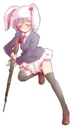 1girl alphes_(style) animal_hood arisaka bayonet blazer blush bolt_action business_suit closed_eyes collared_shirt commentary_request dairi formal_clothes full_body furrowed_brow gun hood jacket large_variant_set loafers miniskirt necktie open_mouth parody parted_lips purple_hair rabbit_hood reisen_(touhou_bougetsushou) rifle running shirt shoes short_hair skirt solo style_parody suit tachi-e tears thighhighs touhou transparent_background variant_set weapon