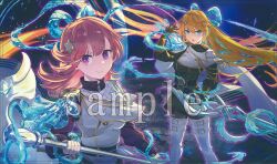 Rule 34 | 2girls, absurdres, blonde hair, blue eyes, breasts, closed mouth, dress, duel monster, exosister elis, exosister kaspitell, exosister mikailis, exosister stella, glaive (polearm), gloves, hair between eyes, hair ornament, highres, holding, holding polearm, holding sword, holding weapon, hsin, long hair, looking at viewer, medium breasts, multiple girls, open mouth, pink hair, polearm, purple eyes, sample watermark, short hair, star (symbol), star hair ornament, sword, thighhighs, water, watermark, weapon, white thighhighs, yu-gi-oh!