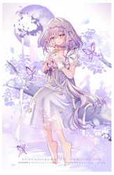 1girl barefoot bug butterfly castorice_(honkai:_star_rail) choker crescent_moon dress feet flower highres holding holding_flower honkai:_star_rail honkai_(series) insect kashiba_aira long_hair moon pointy_ears purple_choker purple_eyes purple_hair sitting sitting_on_branch smile solo toes twitter_username white_background white_dress