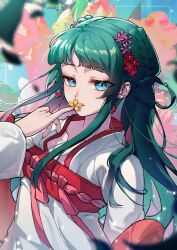 1girl blue_eyes blunt_bangs blurry blurry_foreground collarbone dress earrings floating_hair flower green_hair hair_flower hair_ornament highres jewelry kusuriya_no_hitorigoto larose long_hair long_sleeves maomao_(kusuriya_no_hitorigoto) nail_polish pink_flower red_flower red_nails sidelocks solo white_dress yellow_flower