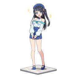 1girl :d bare_shoulders beret black_hair blue_eyes blue_flower blue_hat blue_ribbon blue_rose blue_shoes blue_skirt blush collarbone commentary_request covered_collarbone flower full_body hat hatsunatsu krt_girls long_hair long_sleeves looking_at_viewer neck_ribbon no_socks off-shoulder_shirt off_shoulder one_side_up open_mouth own_hands_together puffy_long_sleeves puffy_sleeves ribbon rose shirt shoes simple_background skirt sleeves_past_wrists smile solo sparkle standing white_background white_shirt xiao_qiong