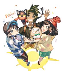 1girl 2boys animal animal_on_arm animal_on_shoulder bangs_pinned_back baseball_cap beanie black_hair black_hat black_shirt brown_eyes capri_pants carrying confetti creatures_(company) dark-skinned_male dark_skin elio_(pokemon) floral_print from_above game_freak gen_7_pokemon green_shorts grey_eyes hair_ornament hairclip hat hau_(pokemon) litten looking_at_viewer multiple_boys nintendo open_mouth pants pokemon pokemon_(creature) pokemon_sm popplio red_hat rowlet selene_(pokemon) shirt short_hair short_shorts shorts sila_taki simple_background smile starter_pokemon_trio striped_clothes striped_shirt swept_bangs t-shirt tied_shirt topknot waving white_background wide_sleeves yellow_shorts z-ring