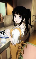 Rule 34 | 1girl, absurdres, apron, black hair, breasts, chitanda eru, cooking, food, highres, hyouka, kitchen, large breasts, long hair, looking at viewer, looking back, nishiya futoshi, official art, onigiri, ponytail, purple eyes, shirt, smile, white shirt, yellow apron