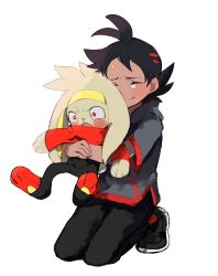 1boy black_hair blush creatures_(company) dark_skin embarrassed closed_eyes game_freak gen_8_pokemon goh_(pokemon) highres holding holding_pokemon hug hug_from_behind kneeling nintendo pokemon pokemon_(anime) pokemon_(creature) pokemon_journeys raboot short_hair smile white_background