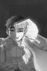 Rule 34 | 2boys, alien stage, artist name, commentary, drawing (object), english commentary, half-closed eyes, head on hand, holding, holding paper, ivan (alien stage), long sleeves, male focus, multiple boys, paper, pov, pov hands, red pupils, short hair, siriusatzenith, smile, solo focus, spot color, till (alien stage), very short hair, wet