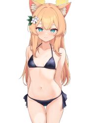 1girl animal_ear_fluff aqua_eyes arms_behind_back bikini black_bikini blonde_hair blue_archive breasts collarbone dot_nose flower groin hair_flower hair_ornament halo highres loli long_hair looking_at_viewer mari_(blue_archive) midriff orange_hair small_breasts smile solo stomach swimsuit very_long_hair white_flower yellow_halo zarashi