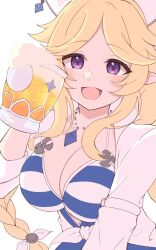 1girl :d alcohol beer beer_mug blonde_hair blue_one-piece_swimsuit braid breasts cleavage commentary_request cup hat highres holding holding_cup jacket large_breasts mug one-piece_swimsuit open_mouth parted_bangs princess_connect! purple_eyes simple_background smile solo striped_clothes striped_one-piece_swimsuit swimsuit tied_jacket unfinished upper_body utz_mkii_(kimiroriharu) white_background white_hat white_jacket yukari_(princess_connect!) yukari_(summer)_(princess_connect!)