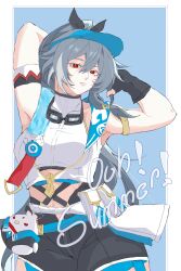 Rule 34 | 1girl, absurdres, artist request, black gloves, breasts, english text, fingerless gloves, gloves, grey hair, herrscher of sentience, herrscher of sentience (ooh! summer!), highres, honkai (series), honkai impact 3rd, jingwei (bird), long hair, red eyes, solo, tagme