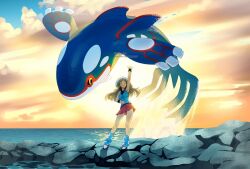 Rule 34 | 1girl, ariekochan, arm up, armpits, blue shirt, blush, breasts, brown hair, closed eyes, free willy, gen 3 pokemon, hat, highres, jumping, kyogre, large breasts, leaf (pokemon), legendary pokemon, long hair, loose socks, nintendo, ocean, open mouth, pokemon, pokemon (creature), pokemon frlg, porkpie hat, red skirt, rock, shirt, skirt, sleeveless, sleeveless shirt, smile, socks, sunset, teeth, white hat, wristband