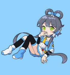 Rule 34 | 1girl, asymmetrical legwear, bare shoulders, black socks, black thighhighs, blue background, blue shoes, detached sleeves, eating, food, from side, full body, green eyes, grey hair, hair ornament, hair rings, long hair, looking at viewer, luo tianyi, luo tianyi v3, pleated skirt, pointzhu, shoes, short hair with long locks, simple background, sitting, skirt, smile, socks, solo, steamed bun, thighhighs, twintails, uneven legwear, vocaloid, vsinger (vocaloid), white shoes