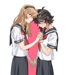 2girls ahoge black_hair black_hairband black_sailor_collar black_skirt blue_eyes blush bracelet brown_eyes clenched_teeth couple flying_sweatdrops hair_between_eyes hairband hand_up head_down highres holding_hands interlocked_fingers jewelry koishikawa_iko light_brown_hair long_hair long_skirt looking_at_another looking_at_viewer momijiyama_teru multiple_girls neck neckerchief parted_lips pink_background red_neckerchief sad sailor_collar school_uniform serafuku short_hair short_sleeves shy shy_(series) simple_background skirt standing straight_hair sweat tears teeth thick_eyebrows trembling white_serafuku yuri