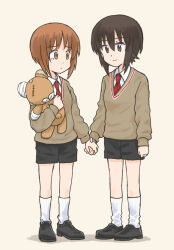 Rule 34 | 2girls, aged down, boko (girls und panzer), brown hair, girls und panzer, holding hands, multiple girls, mutsu (layergreen), necktie, nishizumi maho, nishizumi miho, orange hair, school uniform, short hair, short shorts, shorts, siblings, simple background, sisters, stuffed animal, stuffed toy, tears, teddy bear