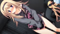 2girls :o bare_hips black_bow black_hairband black_ribbon black_sweater blonde_hair blouse blue_shirt blush bow chaos;head chaos;head_love_chu_chu! character_print collarbone covering_privates dutch_angle embarrassed from_behind from_side game_cg hair_bow hair_ribbon hairband implied_no_panties indoors knees lineart long_hair long_sidelocks looking_at_viewer matsuo_yukihiro multiple_girls multiple_hair_bows nape nishijou_nanami no_panties nose_blush official_art orihara_kozue oversized_clothes oversized_sweater pulling_own_clothes purple_eyes ribbon seira_orgel shiny_eyes shiny_skin shipping_container shirt sidelocks single_bare_shoulder sleeves_past_wrists sweater swept_bangs thick_thighs thighs v_arms