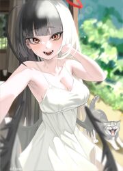 1girl absurdres alternate_costume antenna_hair black_hair black_wings blood blood_halo blue_archive commentary_request dress halo highres liquid_halo looking_at_viewer low_wings melting_halo open_mouth red_eyes red_halo sleeveless sleeveless_dress smile sundress toulalan tsurugi_(blue_archive) white_dress wings