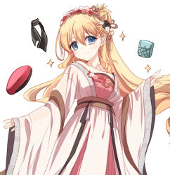 1girl agnes_claudel bag beret blonde_hair blue_eyes bun_with_braided_base collarbone double-parted_bangs dress eiyuu_densetsu flower_hairpin hair_between_eyes hair_bun hair_ornament hairpin handbag hat head_wreath kuro_no_kiseki_(series) long_hair looking_at_viewer red_hat scarf simple_background single_side_bun smile solo sparkle upper_body white_background willfin wreath