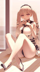 1girl absurdres ass azur_lane black_neckwear black_panties black_sailor_collar black_shoes bow breasts dress dress_bow dress_flower feather_dress flower formidable_(azur_lane) formidable_(timeless_classics)_(azur_lane) full_body heart heart-shaped_pupils high_heels highres laoan large_breasts long_hair looking_at_viewer official_alternate_costume panties platinum_blonde_hair purple_eyes ribbon sailor_collar shoes sleeveless sleeveless_dress solo stiletto_heels symbol-shaped_pupils thighs twintails two-tone_dress two-tone_ribbon underwear very_long_hair white_dress white_flower