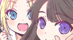 Rule 34 | 2girls, :d, blonde hair, blue eyes, brown hair, closed mouth, commentary, fujishima megumi, link! like! love live!, long hair, looking at viewer, love live!, multiple girls, open mouth, osawa rurino, purple eyes, sailor collar, shinanoya (satanicad), smile, teeth, upper teeth only, virtual youtuber, white sailor collar