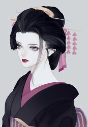Rule 34 | 1girl, bad id, bad twitter id, black hair, black kimono, commentary request, eyelashes, eyeshadow, grey background, grey eyes, hair comb, hair ornament, highres, japanese clothes, kanzashi, kimono, looking ahead, makeup, nico robin, nico robin (wano), obi, one piece, oppaipai, pale skin, red lips, sash, sidelocks, simple background, solo, upper body