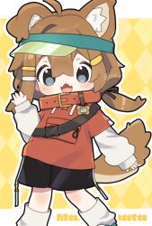 1girl :3 :d ahoge akikan_sabako animal_collar animal_ear_fluff animal_ears argyle_background black_shorts blue_eyes blush bone_hair_ornament brown_hair brown_tail cartoon_bone character_name chibi collar dog_ears dog_girl dog_tail drawstring fangs grey_eyes hair_between_eyes hair_ornament hairclip hand_up highres layered_sleeves long_hair long_sleeves looking_at_viewer loose_socks low_twintails mamehinata open_mouth orange_shirt outline puffy_long_sleeves puffy_sleeves red_collar shirt shoes short_over_long_sleeves short_sleeves shorts skin_fangs sleeves_past_wrists smile socks solo tail twintails twitter_username visor_cap vrchat waving white_outline white_shirt white_socks yellow_background