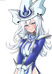 1girl absurdres artist_name blue_dress blue_eyes blush breasts chikuwandahuru dress duel_monster gloves grey_hair hat highres hip_vent long_hair looking_at_viewer silent_magician simple_background smile tabard v_arms white_background white_gloves white_hat white_tabard wizard_hat yu-gi-oh!