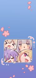 4girls ahoge biscotti_(vtuber) blonde_hair brown_eyes brown_hair cherry_blossoms chibi chibi_only face_squeeze fang flower grey_hair hakamii highres horse_girl kou_mariya long_hair looking_at_viewer mole mole_under_eye mono_monet multicolored_hair multiple_girls open_mouth pink_hair pink_streaks pointy_ears purple_eyes purple_hair red_hair skin_fang smile squeezing_cheeks streaked_hair v4mirai virtual_youtuber white_hair yae_yugiri yellow_eyes