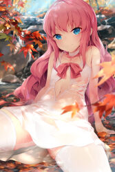 1girl absurdres arm_support autumn autumn_leaves bare_arms bare_shoulders blue_eyes blurry blurry_background censored chen_bin choker closed_mouth day detached_collar dress flat_chest highres leaf leaning_back long_hair looking_at_viewer mosaic_censoring navel no_bra no_panties original outdoors pink_hair pussy see-through_clothes short_dress sitting smile solo stream thighhighs wavy_hair wet wet_clothes white_dress white_thighhighs