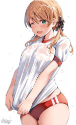 1girl 2025 artist_name belko blonde_hair breasts buruma dated female_focus green_eyes hair_ornament highres kantai_collection large_breasts looking_at_viewer one_eye_closed prinz_eugen_(kancolle) red_buruma see-through_clothes see-through_shirt shirt simple_background solo twitter_username wet wet_clothes wet_shirt white_background wink