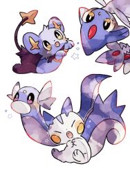 &gt;_&lt; animal_focus artist_name azelf blue_skin colored_skin commentary_request creatures_(company) dratini fangs forehead_jewel game_freak gen_1_pokemon gen_4_pokemon hanabusaoekaki highres legendary_pokemon nintendo no_humans open_mouth pachirisu pokemon pokemon_(creature) shinx simple_background solid_oval_eyes star_(symbol) tail teeth upper_teeth_only upside-down white_background white_skin yellow_eyes