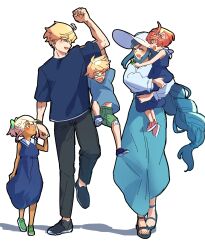 absurdres aged_down blonde_hair blue_hair braid clover dark-skinned_female dark_skin dizzy_(guilty_gear) dress elphelt_valentine eyepatch family father_and_son four-leaf_clover guilty_gear guilty_gear_strive guilty_gear_xrd hat highres husband_and_wife ky_kiske mother_and_son nekoha0901 pink_hair queen_dizzy ramlethal_valentine sin_kiske smile white_hair