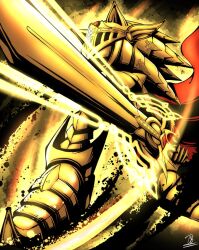 Rule 34 | 1boy, armor, aura, cape, cbotakuarts, excalibur (sonic), excalibur sonic, forehead jewel, from below, gem, glowing, glowing sword, glowing weapon, gold armor, hedgehog boy, holding, holding sword, holding weapon, red cape, solo, sonic (series), sonic and the black knight, sonic the hedgehog, squatting, sword, weapon