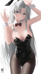 1girl alternate_costume animal_ear_hairband animal_ears artist_logo bare_shoulders black_leotard black_pantyhose blue_eyes bow bowtie breasts carlotta_(wuthering_waves) closed_mouth collar commentary cryne detached_collar english_commentary fake_animal_ears fingernails hairband highres leotard logo looking_at_viewer medium_breasts pantyhose parted_bangs rabbit_ear_hairband rabbit_ears red_bow red_bowtie revision smile solo strapless strapless_leotard white_collar white_wrist_cuffs wrist_cuffs wuthering_waves