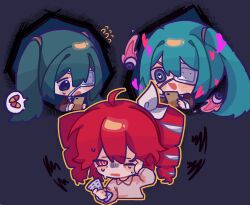 3girls ahoge alternate_costume ataman_ita_(synthesizer_v) black_eyes black_jacket black_necktie blister_pack blue_eyes blue_hair blush bow brown_shirt cellphone chibi chibi_only collared_shirt cropped_torso double-parted_bangs drill_hair dual_persona eyepatch hair_between_eyes hair_bow hair_ribbon hatsune_miku headache heart heart-shaped_pupils highres image_in_thought_bubble jacket kasane_teto kasane_teto_(sv) medical_eyepatch monitoring_(vocaloid) moochaakaka multiple_girls necktie open_mouth phone pill red_eyes red_hair ribbon school_uniform shirt smartphone speech_bubble symbol-shaped_pupils thought_bubble twin_drills twintails utau vocaloid white_bow white_ribbon white_shirt wing_collar