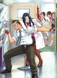 Rule 34 | 2boys, 4girls, blue hair, brown hair, brown legwear, camera, closed eyes, fingerless gloves, glasses, gloves, heart, hibiki ran, high heels, honyata, indoors, jealous, jewelry, justice gakuen, kneehighs, lab coat, long hair, minazuki kyouko, multiple boys, multiple girls, necklace, necktie, nekketsu hayato, opaque glasses, open mouth, orange hair, pain, pantyhose, pencil skirt, purple hair, ribbed sweater, school, school nurse, school uniform, shimazu hideo, shoes, short hair, skirt, skull, slice of life, smile, socks, sweater, uwabaki, watch, white legwear